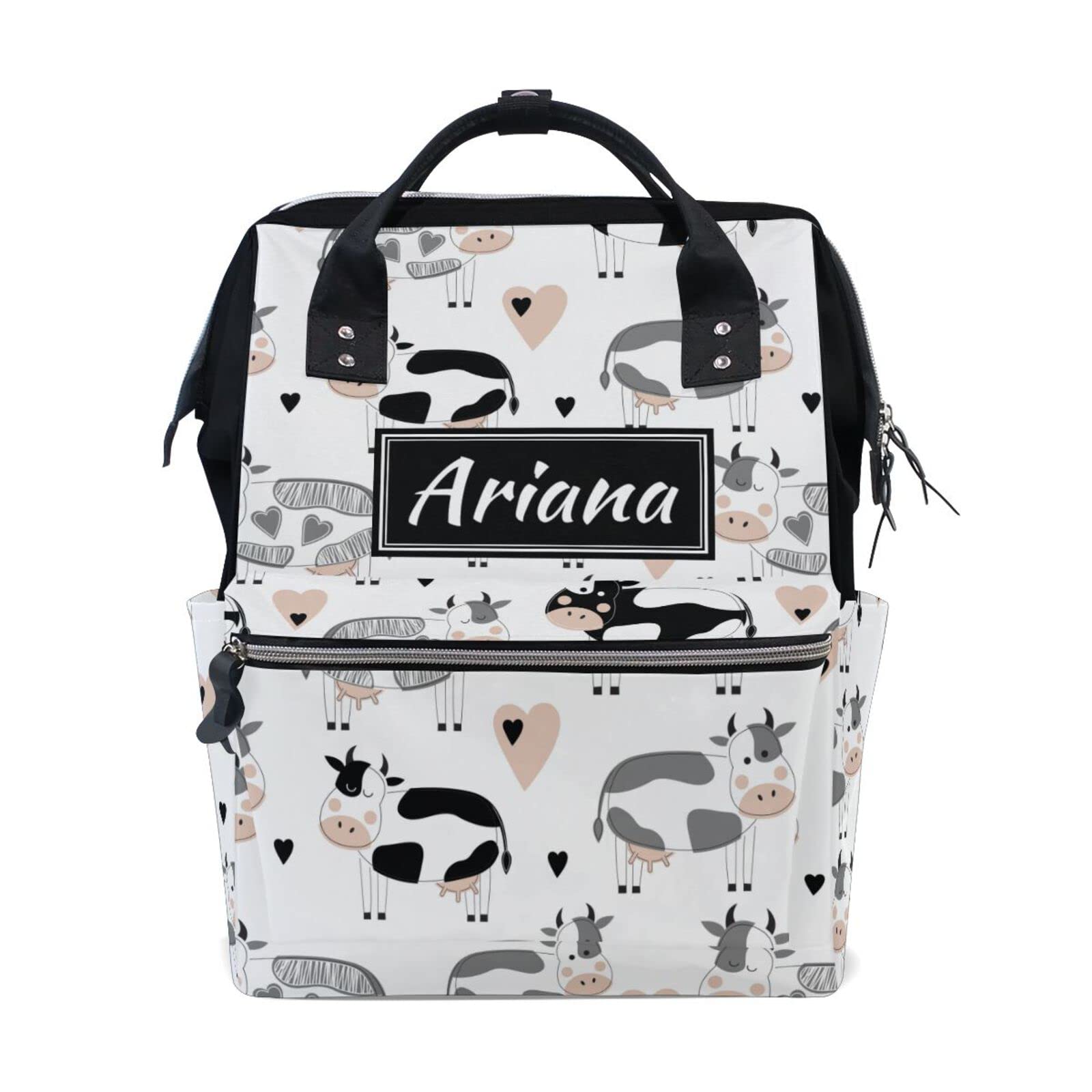 Custom Personalized Diaper Backpack for Moms - Large Capacity Cute Cow Print Baby Travel Backpack | Perfect for Newborn Essentials, Daycare, Hospital Visits & Family Outings