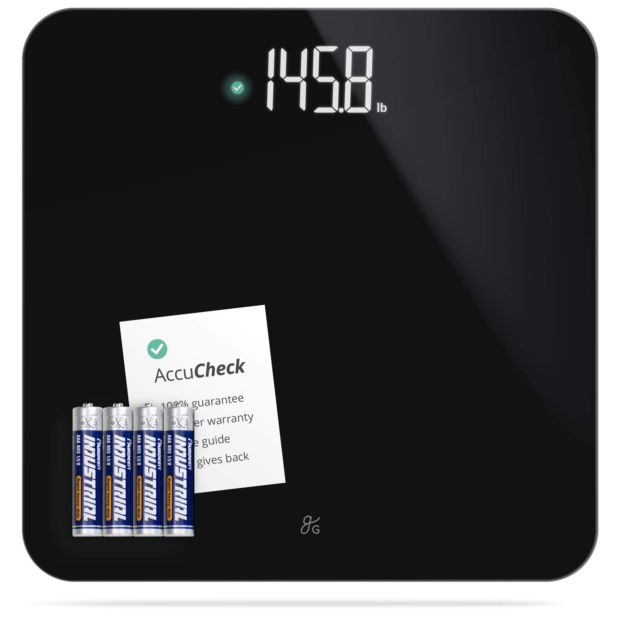 Greater Goods Digital AccuCheck Bathroom Scale - Accurate Body Weight Measurement up to 400 lbs, Includes Batteries, Sleek Black Design - Perfect for Home, Gym & Health Tracking