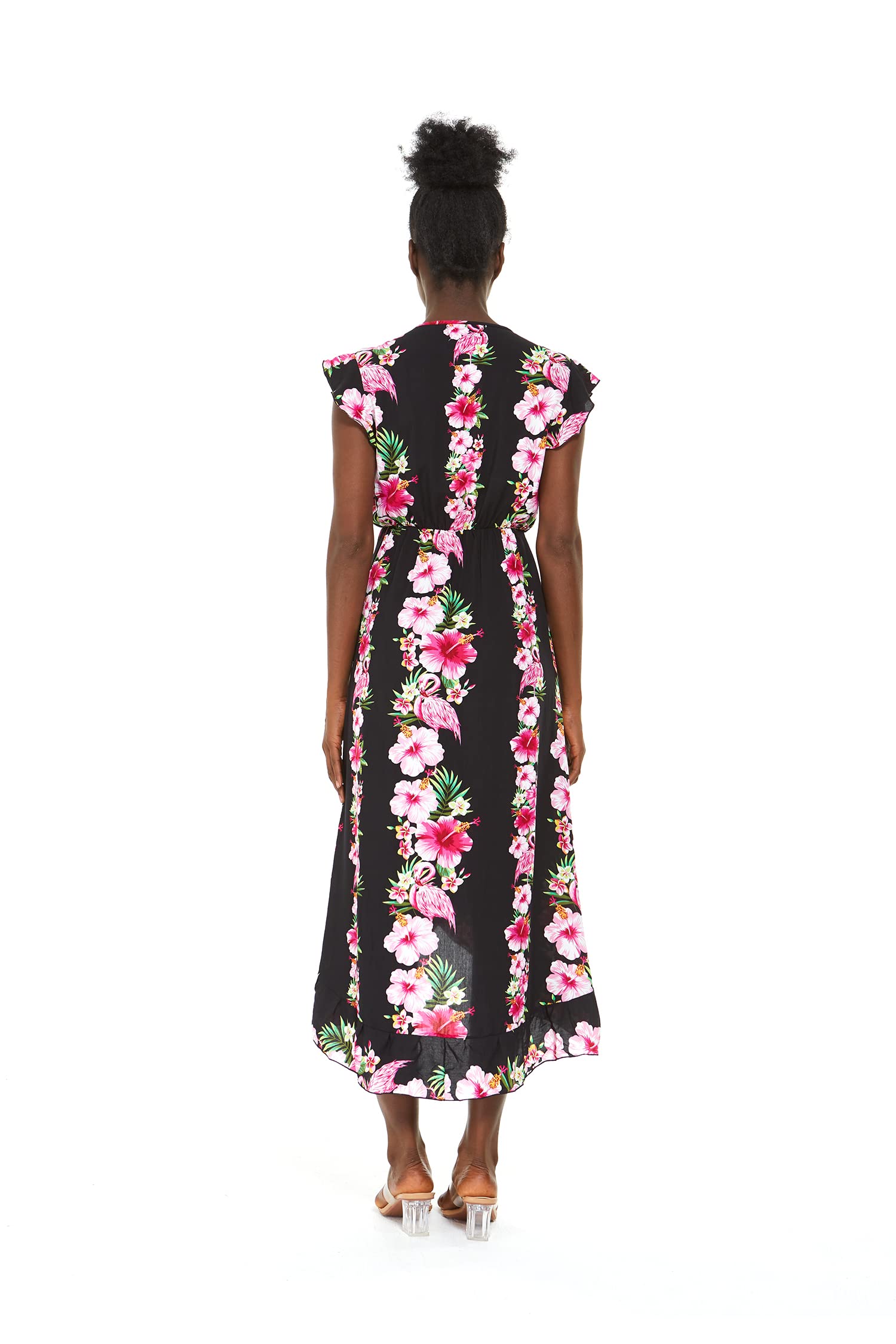 Hawaiian Luau Wrap Ruffle Dress for Women - Floral Hibiscus Vine Print - Perfect for Beach Parties, Summer Vacations & Tropical Getaways