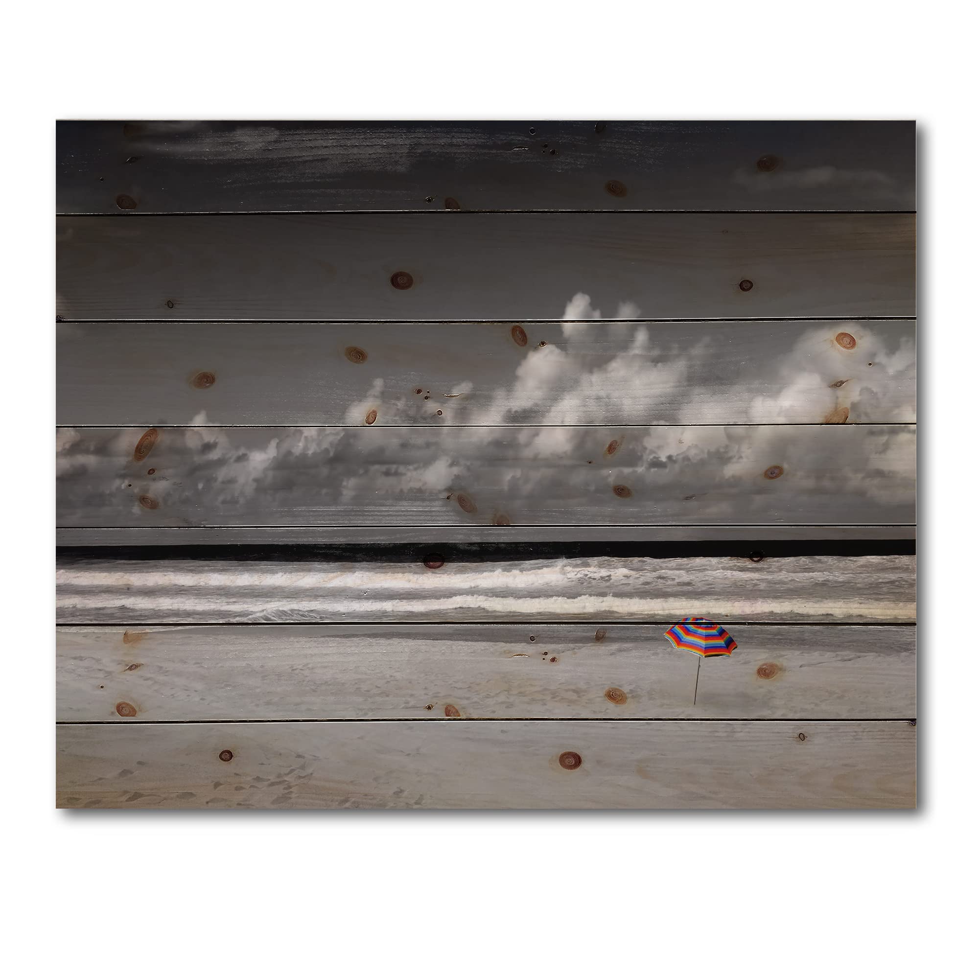 DesignQ Monochrome Coastline Under Cloudy Sky Lake House Wood Wall Decor - Grey Wood Wall Art - Large Landscape Wood Panels Printed on Natural Pine - Perfect for Living Room, Bedroom & Office Decor