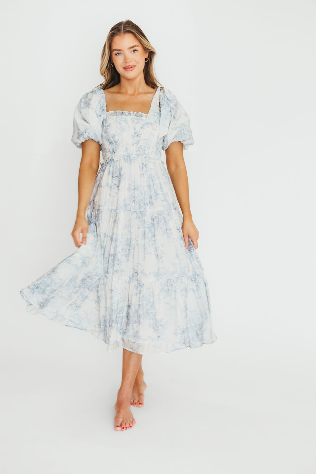 Elena Floral Print Smocked Midi Dress in Blue - Bump Friendly Maternity Dress & Inclusive Sizing for Women - Perfect for Baby Showers, Bridal Events & Summer Weddings