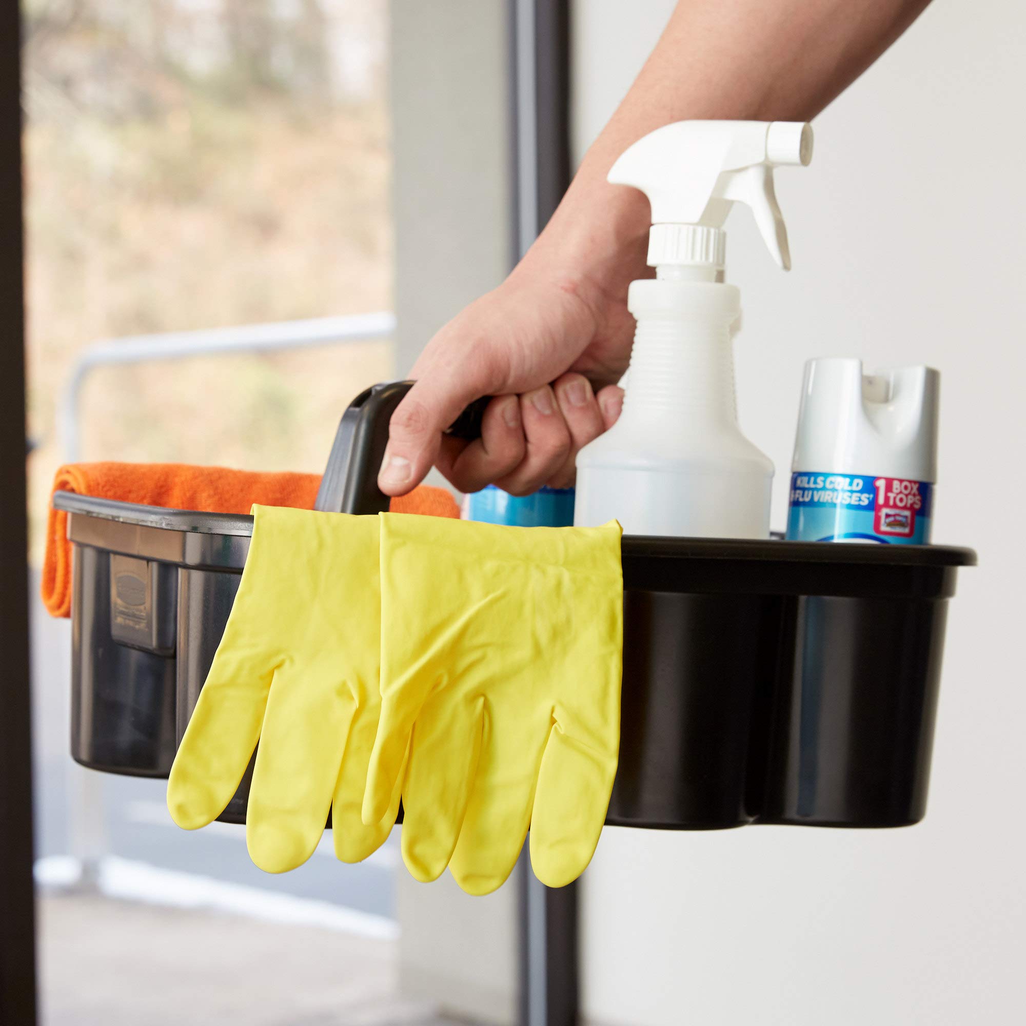 Rubbermaid Commercial Deluxe Cleaning Caddy - 6 Pack, Black - Organize Wipes, Spray Bottles, Brushes, Dustpans & Gloves - Perfect for Janitorial, Housekeeping & Home Cleaning Supplies Storage