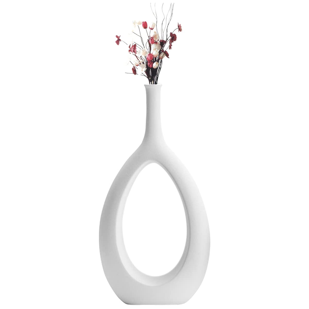 Nordic Ceramic Donut Vase - Handmade Hollow Design White Ceramic Flower Pot for Dry Flowers, Modern Art Home Decor for Living Room, Office & Desktop - Perfect for Boho, Scandinavian & Minimalist Interior Design (Large Jade Ring, White)