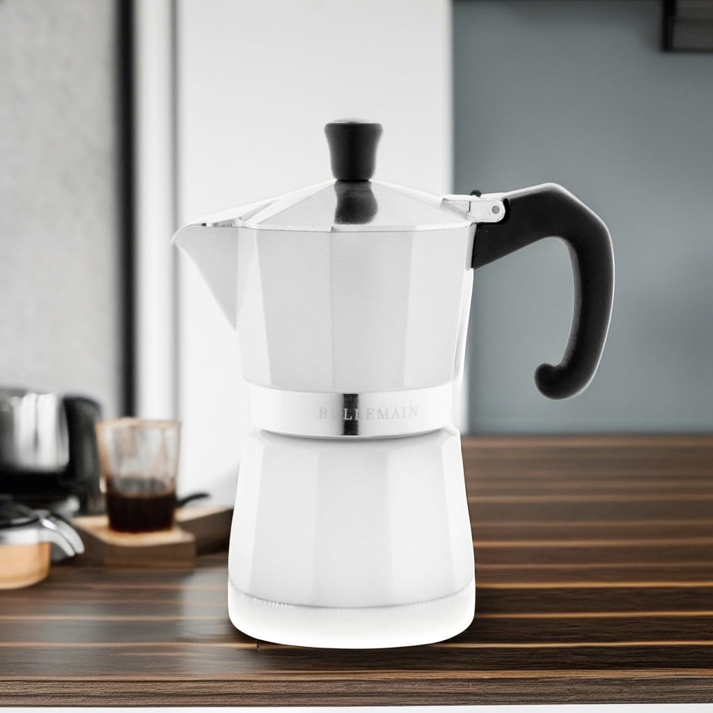 Bellemain Stovetop Espresso Maker Moka Pot - 3 Cup Italian Coffee Maker for Home & Office, Durable Aluminum Stove Top Coffee Brewing with Classic White Design - Perfect for Espresso, Latte & Cappuccino