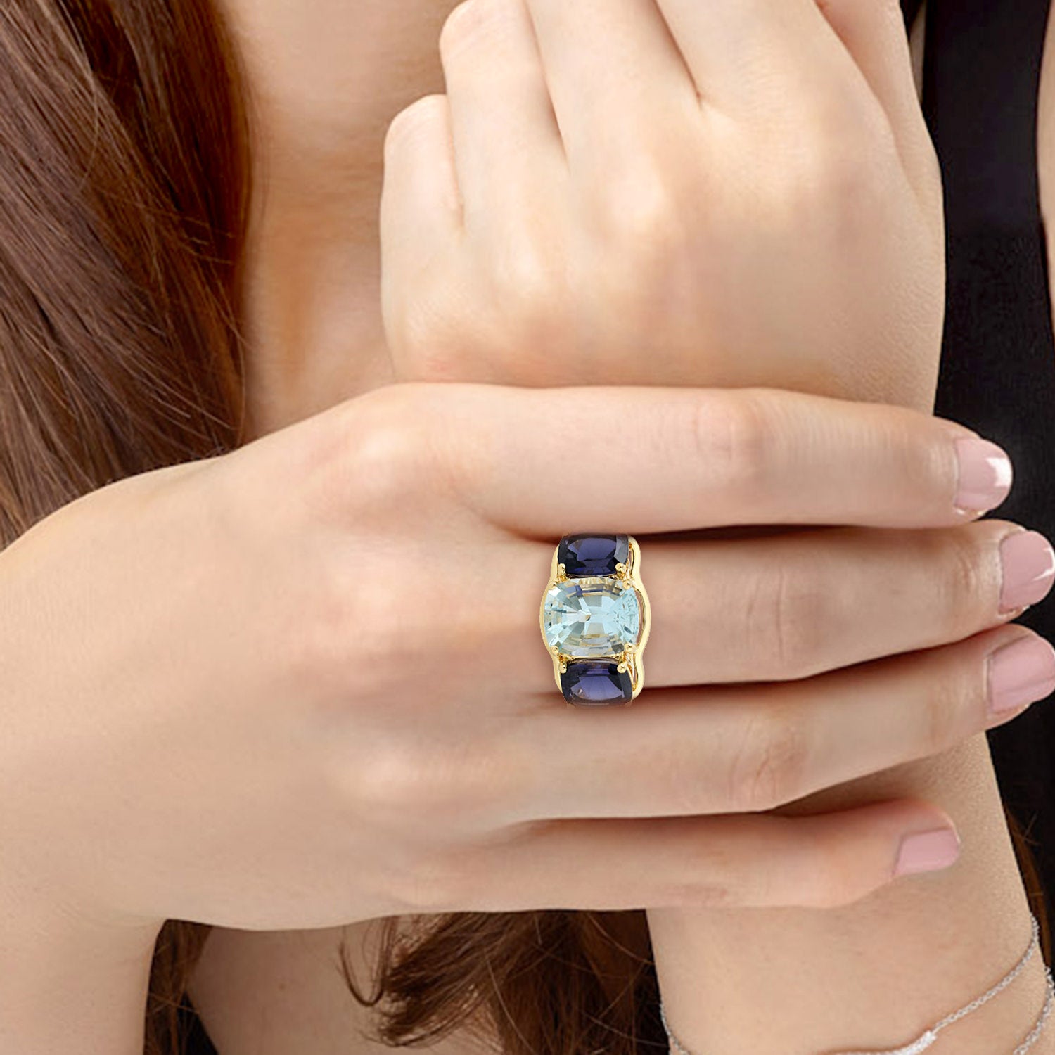 Exquisite Cushion Cut Aquamarine & Iolite Three-Stone Yellow Gold Ring for Engagement, Anniversary & Special Occasions