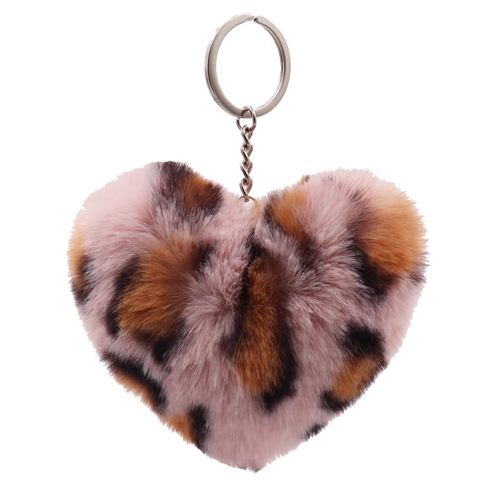 Fluffy Pom Pom Keychain - Soft Plush Leopard Heart Keyring with Fur Ball, Cute Car Bag Charm Pendant for Women & Girls | Perfect Gift for Valentine's Day, Birthday & Everyday Accessories