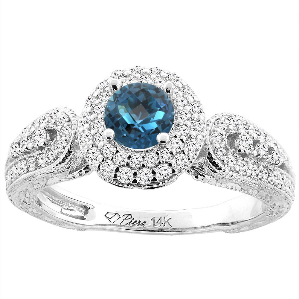 14K White Gold Natural London Blue Topaz & Diamond Halo Ring - Round 5mm, Size 5-10 | Elegant Engagement, Wedding, Anniversary Gift for Her | Perfect for Proposals, Special Occasions & Everyday Luxury