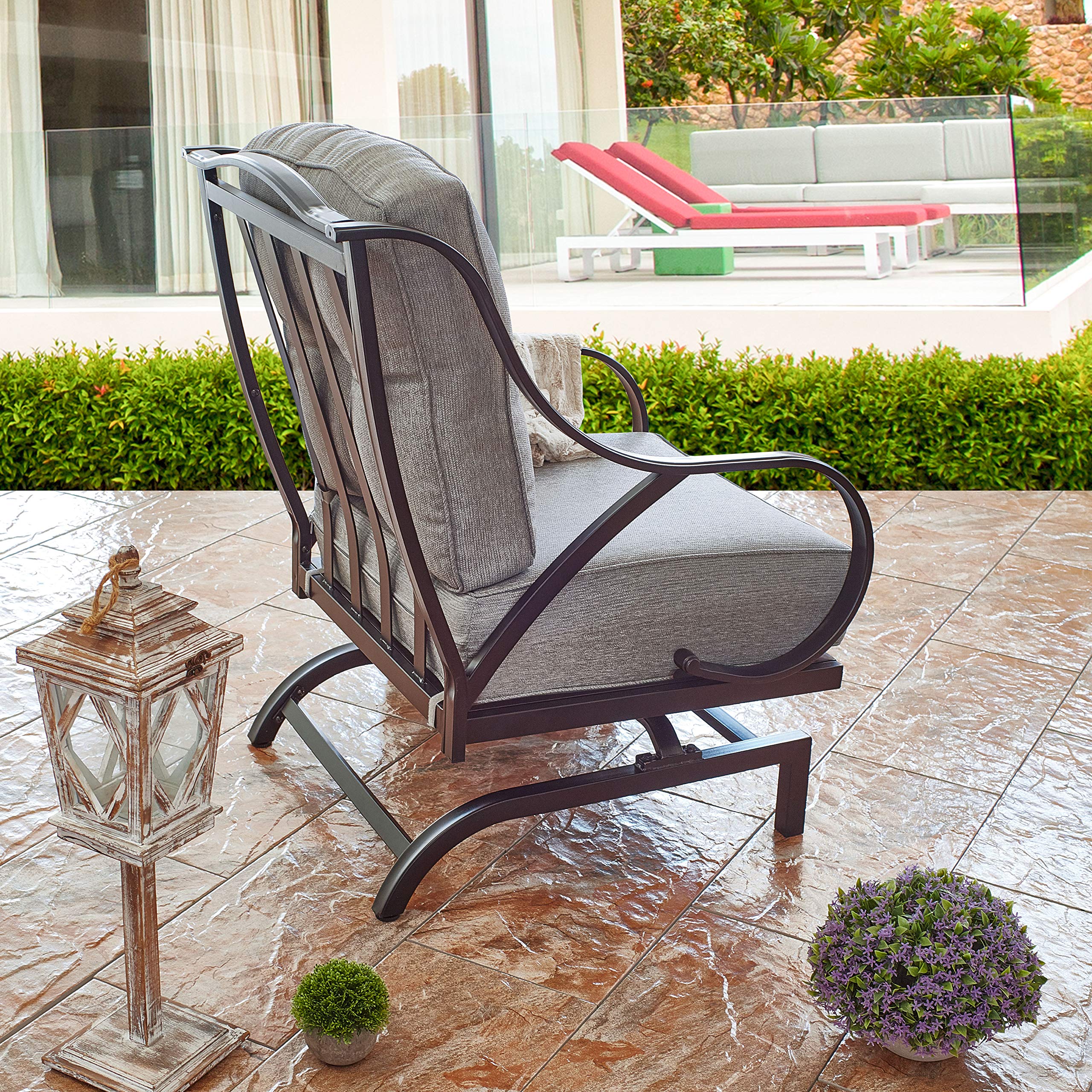 Rocking Motion Patio Chair - Outdoor Deep Seating Club Chair with Soft Cushions & Sturdy Metal Frame - Grey Metal Garden Furniture Set (1PCS) - Perfect for Yard, Lawn, Poolside & Relaxation