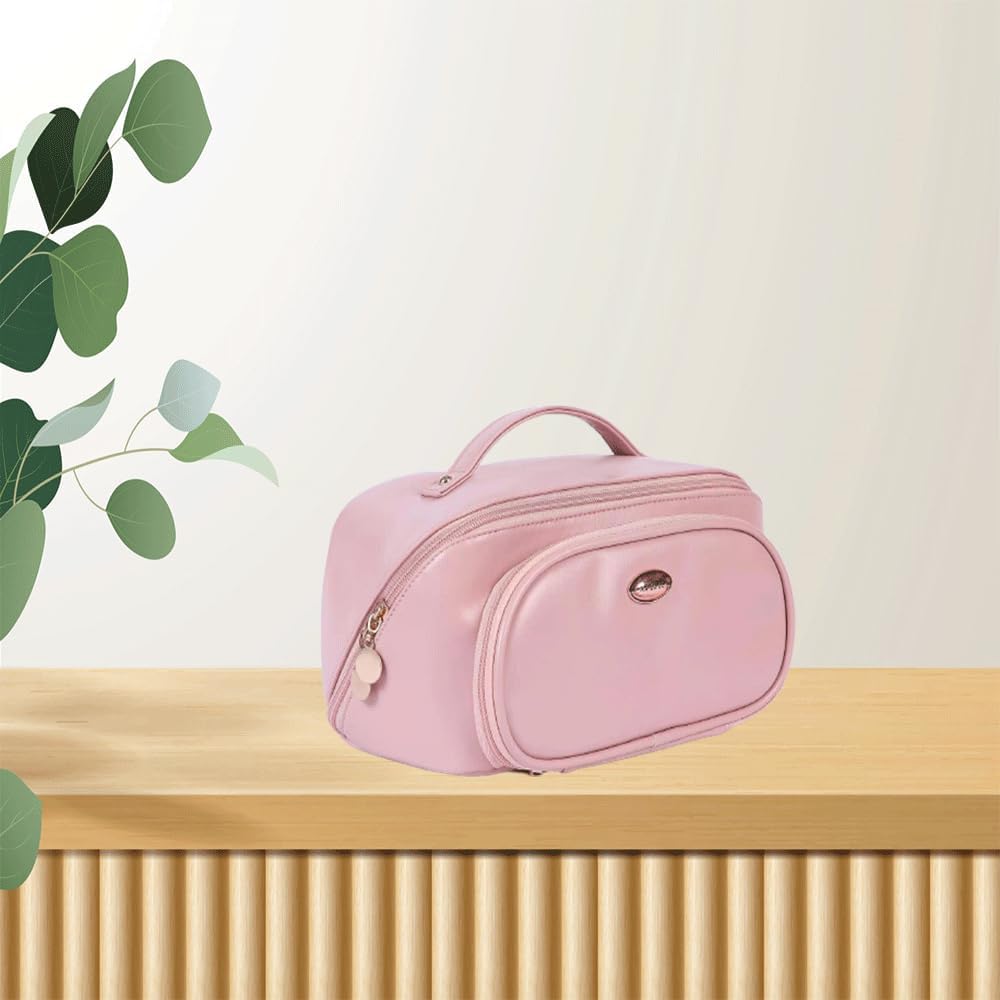 Premium PU Leather Makeup Bag - Wide Opening Cosmetic Organizer with Handle, Multifunctional Travel Toiletry Bag for Women | Perfect for Travel, Gym & Daily Use