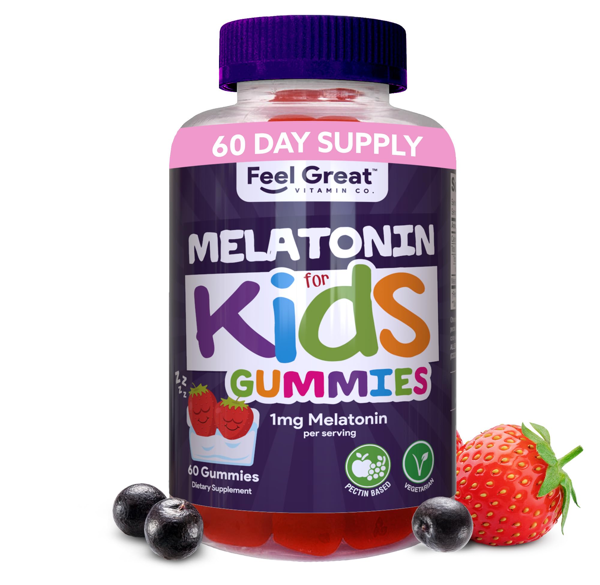 Feel Great Kids Melatonin Gummy - Strawberry Flavored Sleep Aid for Children | 1mg Vegan Melatonin Gummies for Kids | 60-Day Supply | Supports Bedtime Routine & Travel Sleep