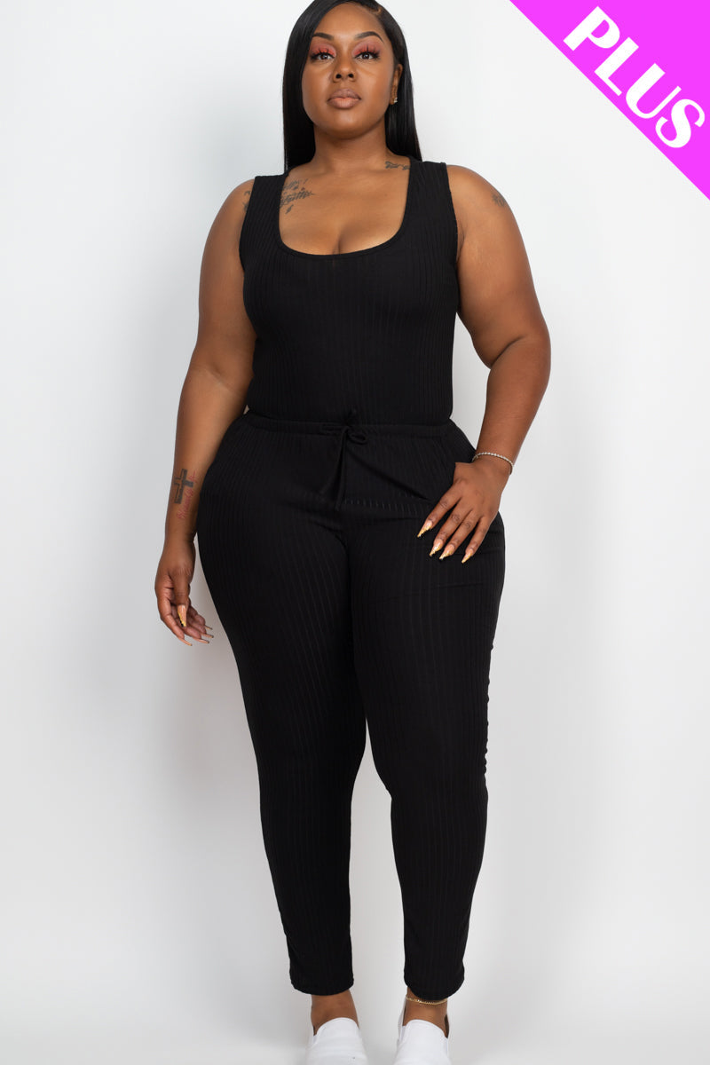 Plus Size Ribbed Sleeveless Drawstring Waist Jumpsuit for Women - CAPELLA Casual Romper for Summer, Beach, Travel & Lounge Wear