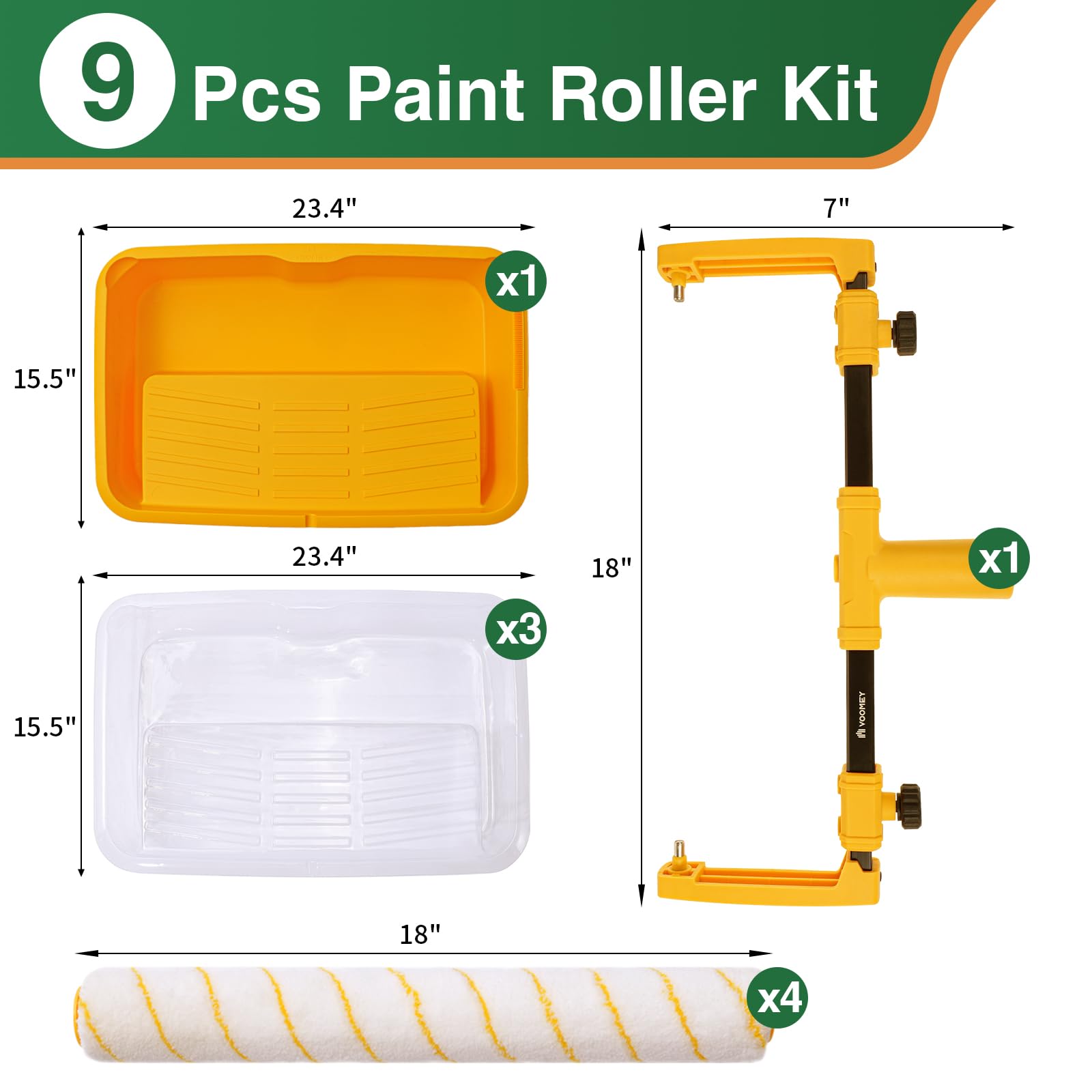 Voomey 18 Inch Paint Roller Kit - 9 Piece Professional Painting Set with Microfiber Roller, 18