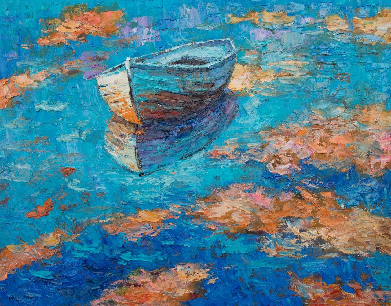 Handmade Abstract Oil Painting of Fishing Boat - Modern Seascape Canvas Art for Wall Decor | Knife Technique Artwork | Perfect for Living Room, Bedroom & Office