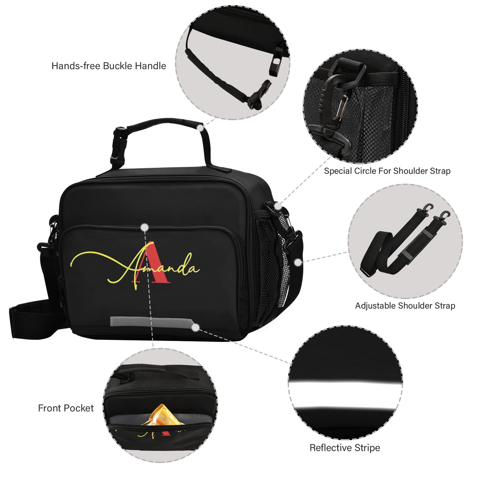 Custom Insulated Lunch Bag for Women & Students - Lightweight Black Lunch Box with Adjustable Shoulder Strap - Perfect for Work, School, Picnic & Outdoor Activities