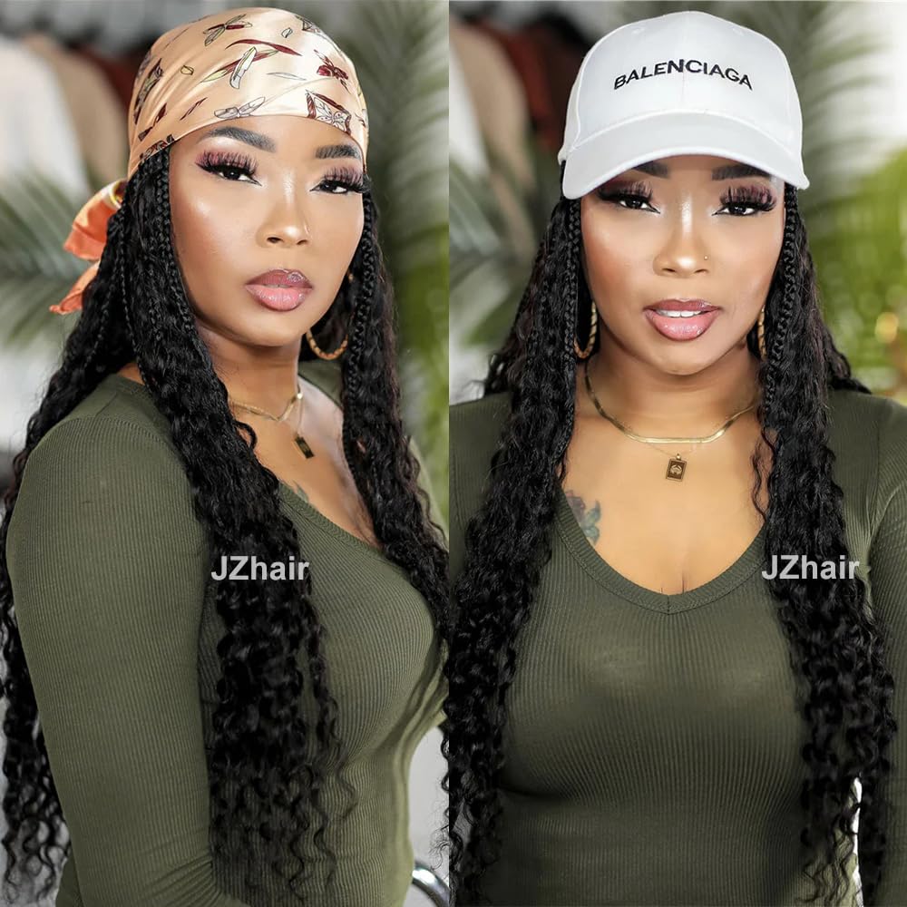 Boho Box Braids Wig with Human Hair - 20 Inch Bohemian Curly Ends Braided Hair Extensions for Women (Natural Black) | Quick & Easy Grab & Go Style for Parties, Vacations & Everyday Wear