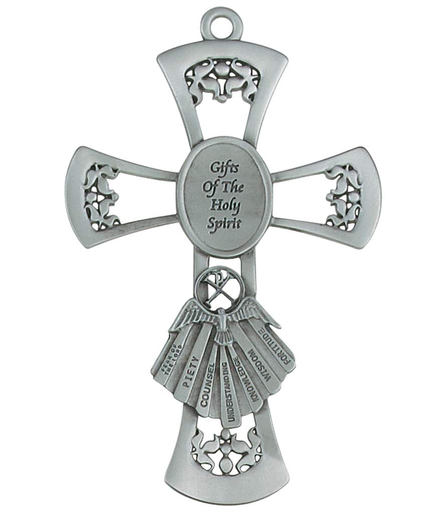 6 Inch Pewter Gifts of The Spirit Wall Cross - Religious Confirmation Gift for Boys & Girls - Kids' Christian Home Decor for Bedroom, Church & Sunday School
