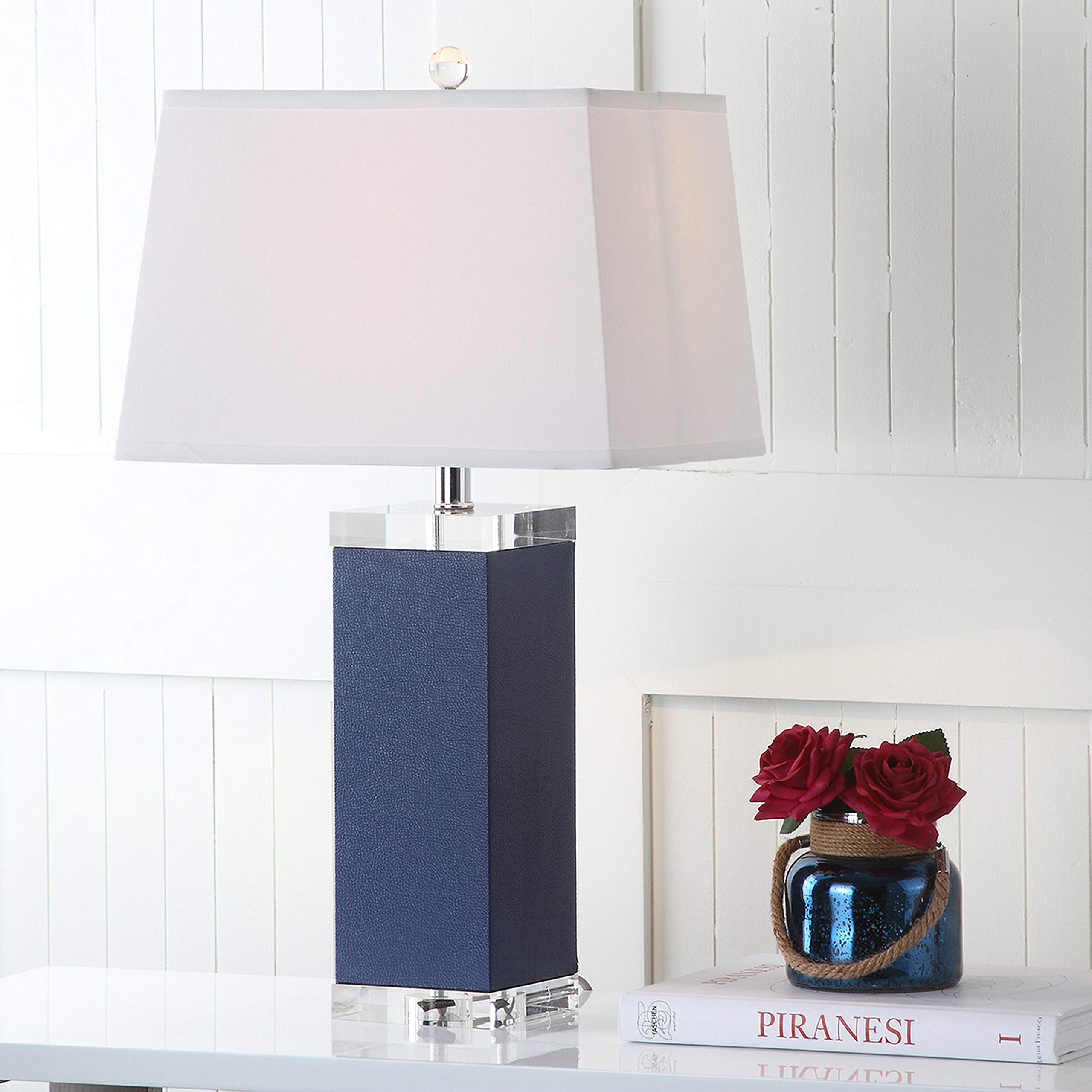 SAFAVIEH Modern Deco Navy Faux Leather 26-inch Table Lamp with LED Bulbs - Perfect for Bedroom, Living Room, Home Office & Nightstand Lighting