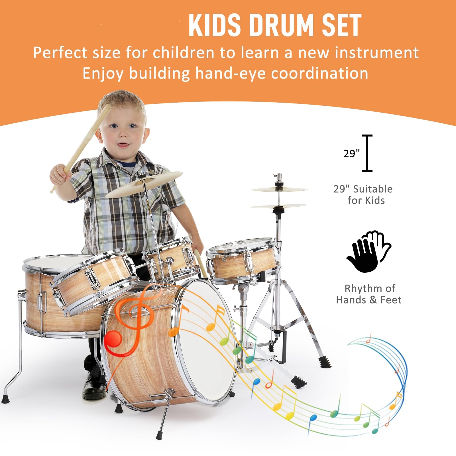 14 Inch 5-Piece Junior Drum Set Complete with Cymbals, Hi-Hat Stand, Sticks, Pedal & Stool - Perfect Wooden Drum Kit for Kids Beginners - Ideal for Home Practice, Music Lessons & Rock Band Performances