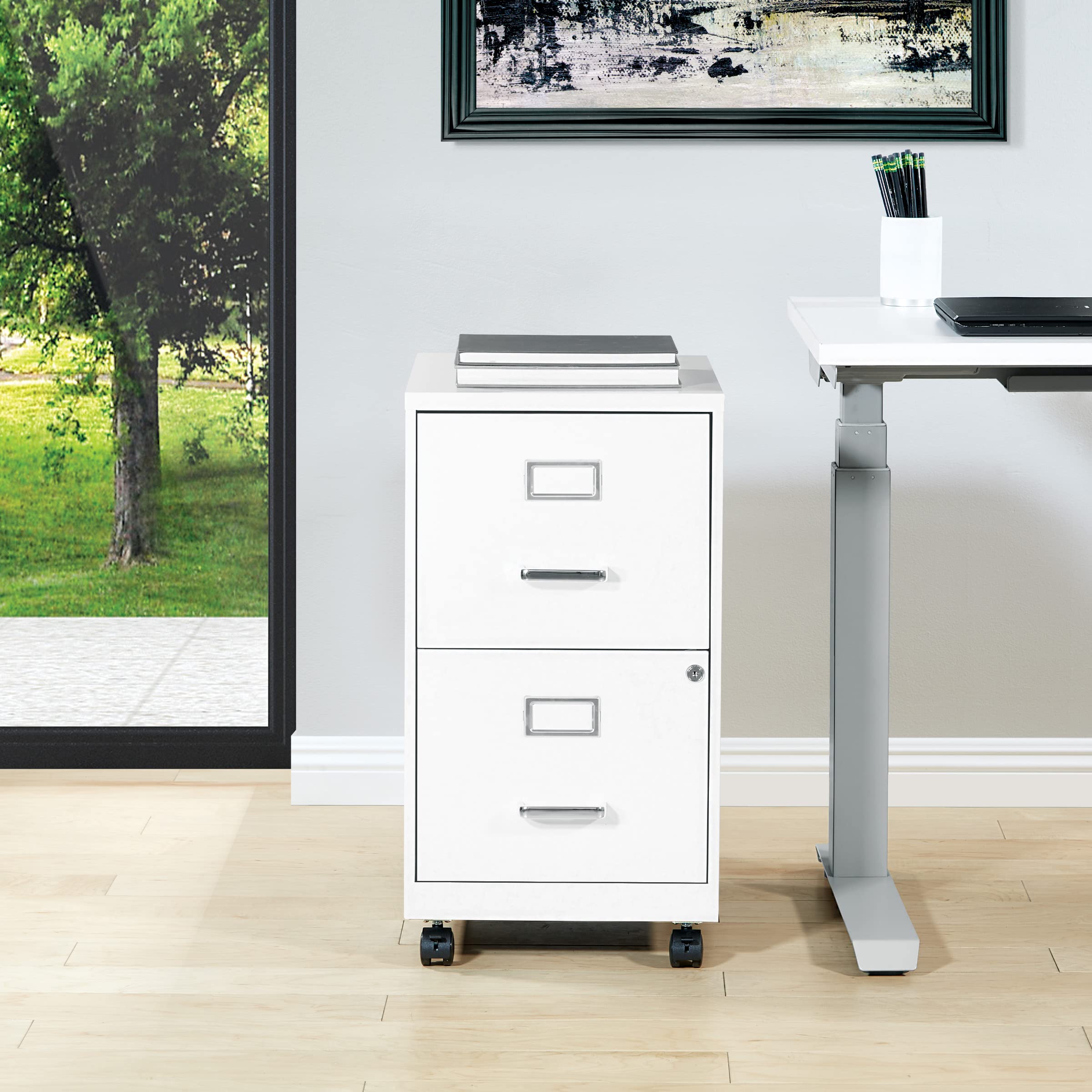 OSP Home Furnishings 2-Drawer Mobile Locking Metal File Cabinet, White - Office Storage Solution for Documents & Supplies | Rolling File Cabinet for Home & Business Use