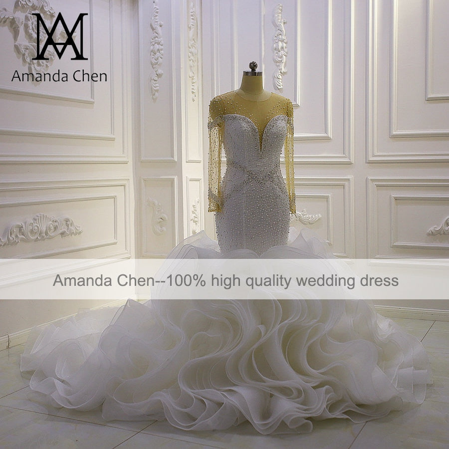 Luxury Long Sleeve Handmade Pearl Embellished Ruffle Mermaid Wedding Dress AM969 - Perfect for Bridal Gowns, Formal Occasions & Evening Galas