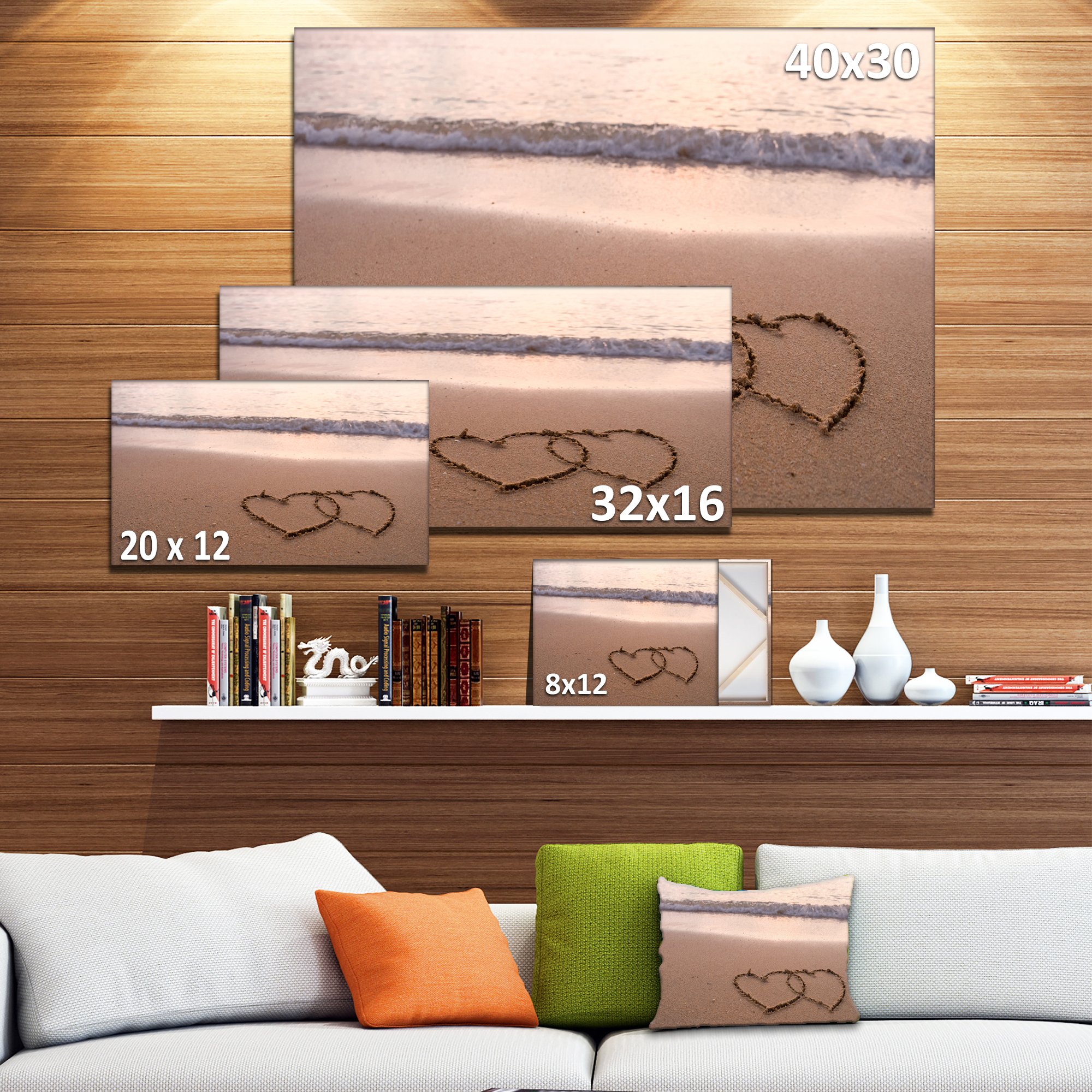 Extra Large Seascape Canvas Art - Romantic Two Hearts Drawn on Beach Painting - Perfect for Living Room, Bedroom & Coastal Home Decor