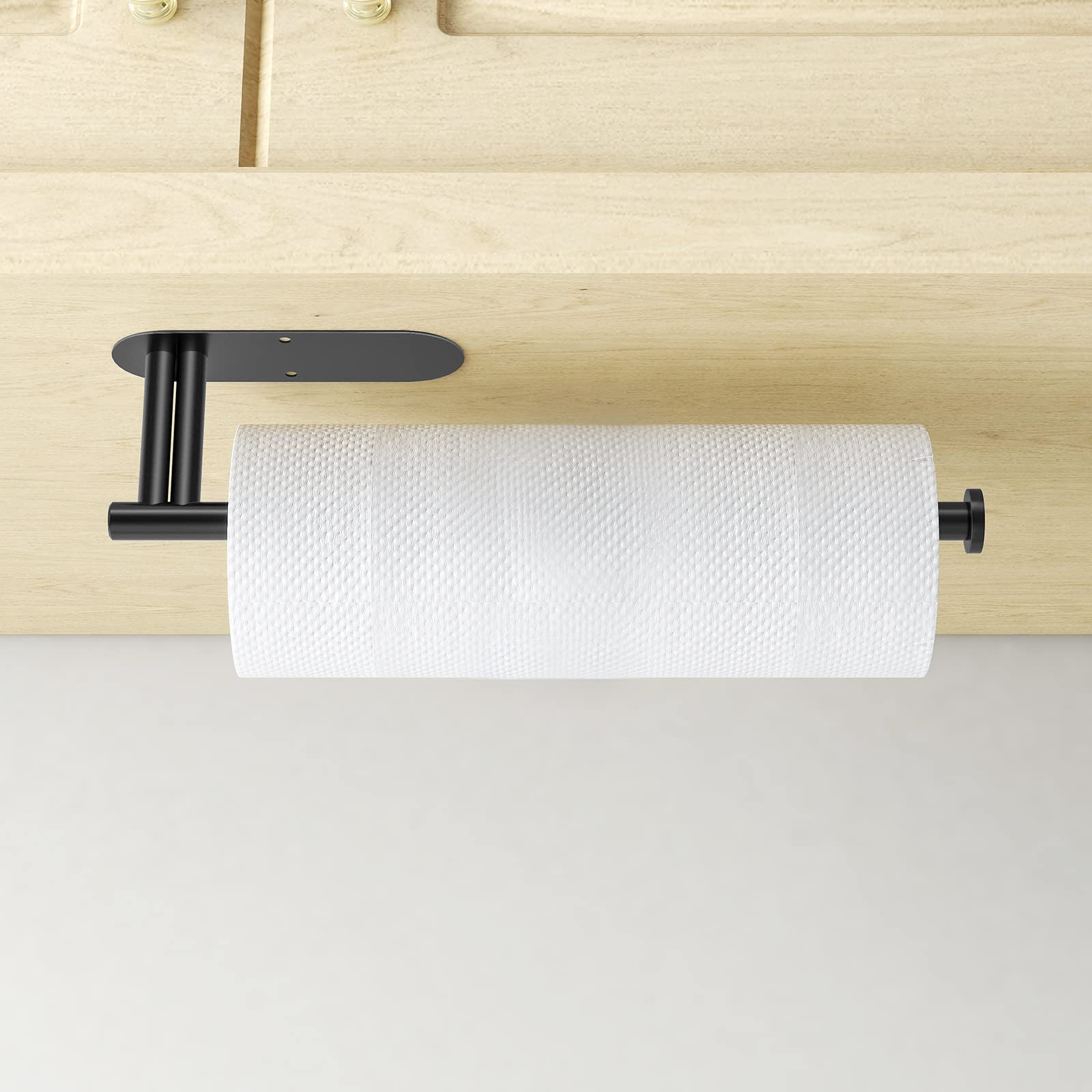 Under Cabinet Paper Towel Holder - New Upgrade Double Rod Bearing, Self-Adhesive or Drilling Wall Mounted Kitchen Towel Roll Holder (Black) - Perfect for Kitchen Organization & Space Saving