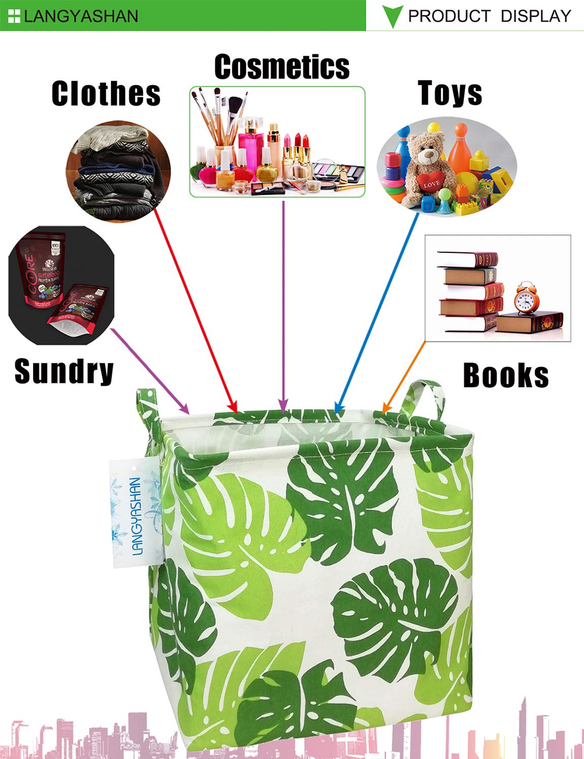 LANGYASHAN Waterproof Canvas Storage Baskets - Square Laundry Hamper for Kids, Nursery Toy Organizer & Room Decor | Perfect for Shelves, Closet Organization & Gift Baskets (Square Leaf Design)