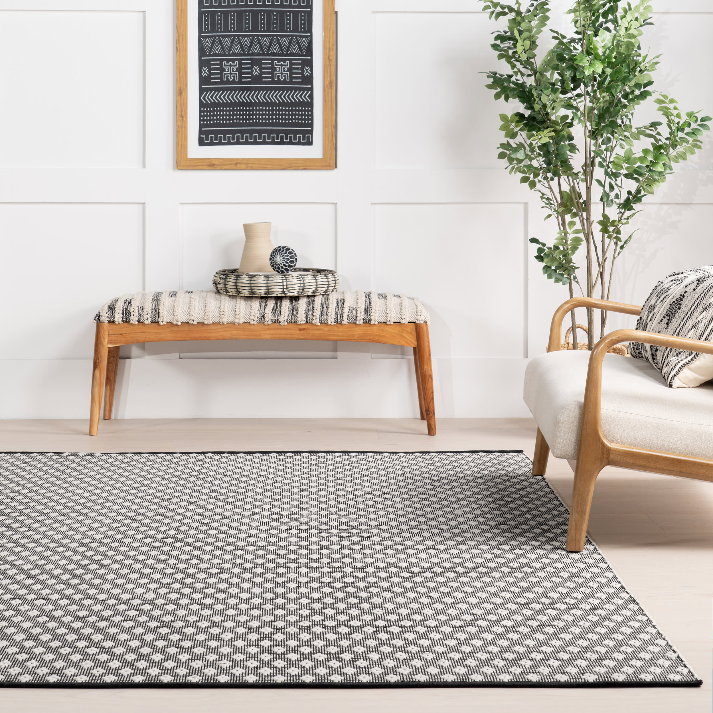 Elegant Black Diamond Handwoven Cotton Rug - Soft & Durable for Living Room, Bedroom, or Nursery Decor