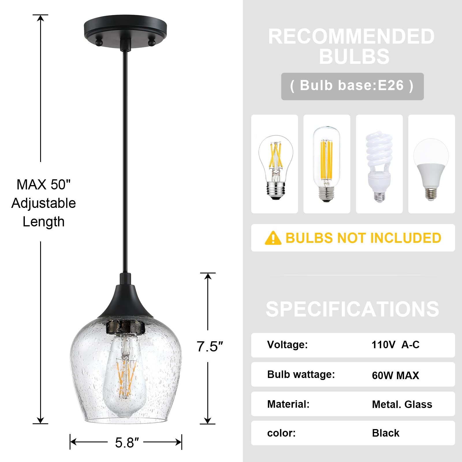 3 Pack Black Mini Hanging Pendant Lights with Clear Seeded Glass Shades - Indoor Kitchen Island Lighting for Dining Room, Bar Counter, Breakfast Nook & Home Decor