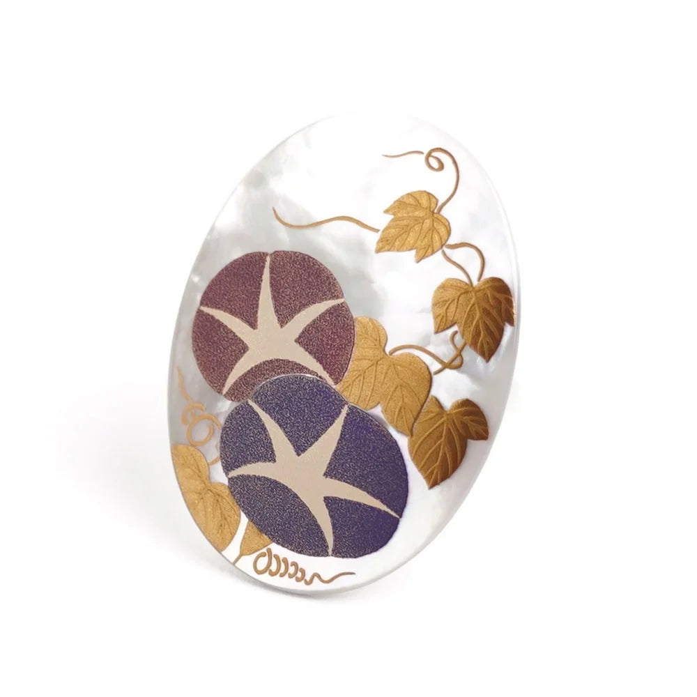 Handcrafted Maki-e Urushi Lacquer Brooch with White South Sea Pearl Shell - Japanese Morning Glory Floral Design in Blue - Traditional Artisan Jewelry for Women - Perfect for Weddings, Tea Ceremonies & Special Occasions
