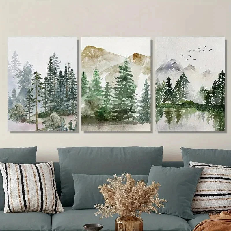 3-Piece Sage Green Forest Mountain Landscape Metal Print Wall Art - Ready to Hang - Perfect for Living Room, Bedroom & Office Decor