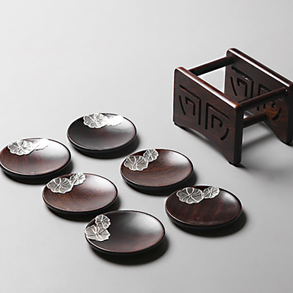 Premium Peach Blossom Ebony Wood Coaster Set - Natural Wood Drink Coasters for Coffee, Wine & Cocktails - Elegant Home Bar & Dining Table Decor
