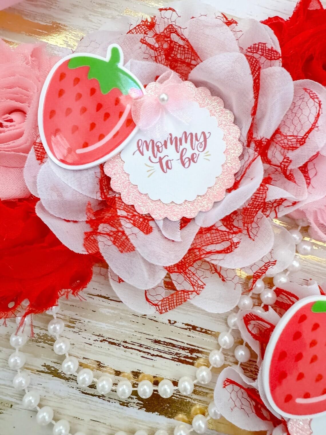 Pink and Red Strawberry Baby Shower Sash for Mom to Be - Matching Dad Pin Included | Perfect for Gender Reveal Parties, Maternity Photos & Baby Showers