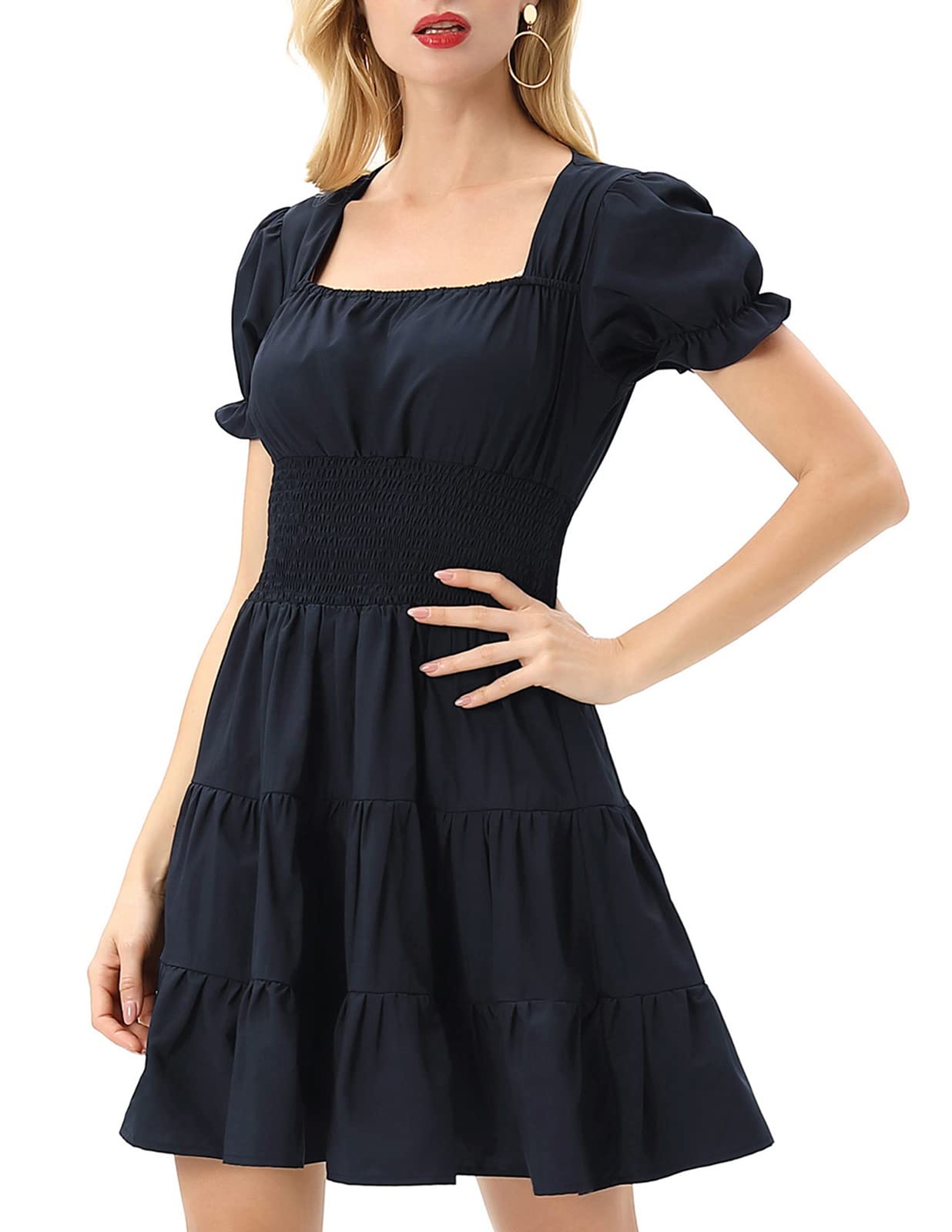 KANCY KOLE Women's Smocked Waist Mini Dress with Square Neck & Bubble Sleeves - Flowy Ruffle Summer Dress for Casual Outings, Beach Vacations & Date Nights (Sizes S-XXL)