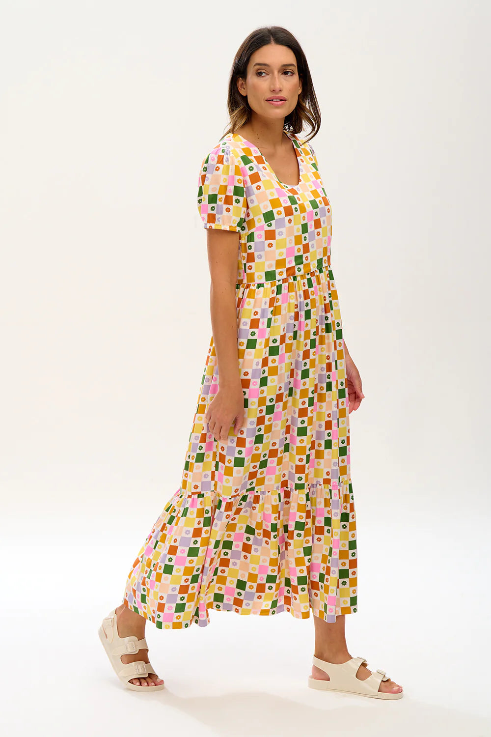 Belinda V Neck Maxi Smock Dress - Floral Checkerboard Print Women's Summer Dress for Beach, Vacation & Casual Wear