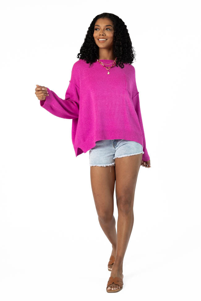 Tell Me Everything Magenta Oversized Pocketed Lightweight Sweater for Women | Cozy Fall & Winter Pullover | Perfect for Casual Outings & Layering
