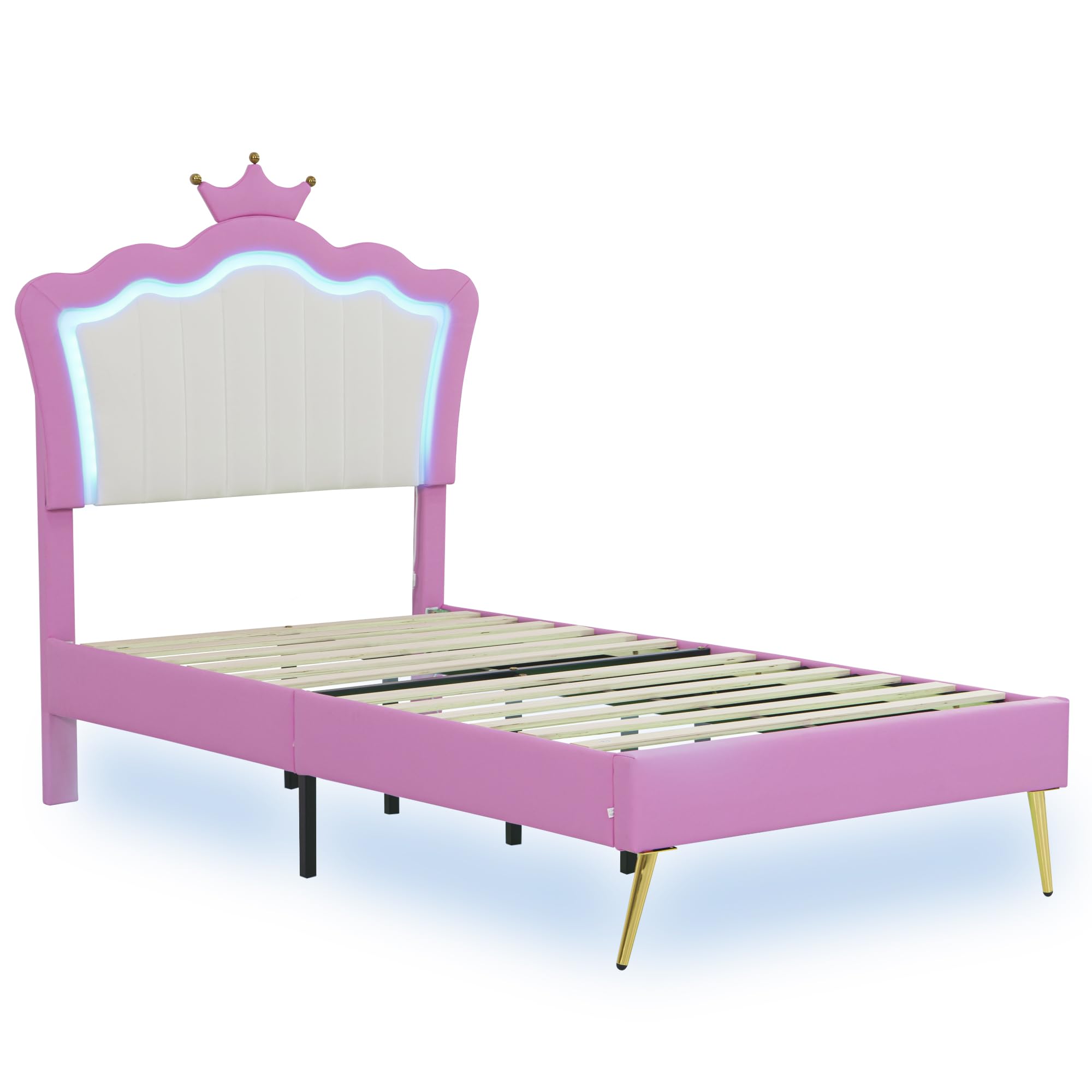 Linique Twin Size Upholstered LED Bed Frame with Crown Headboard - Modern Princess Bed in Pink & White | Perfect for Girls' Bedroom, Teen Room Decor & Fairy Tale Themed Spaces