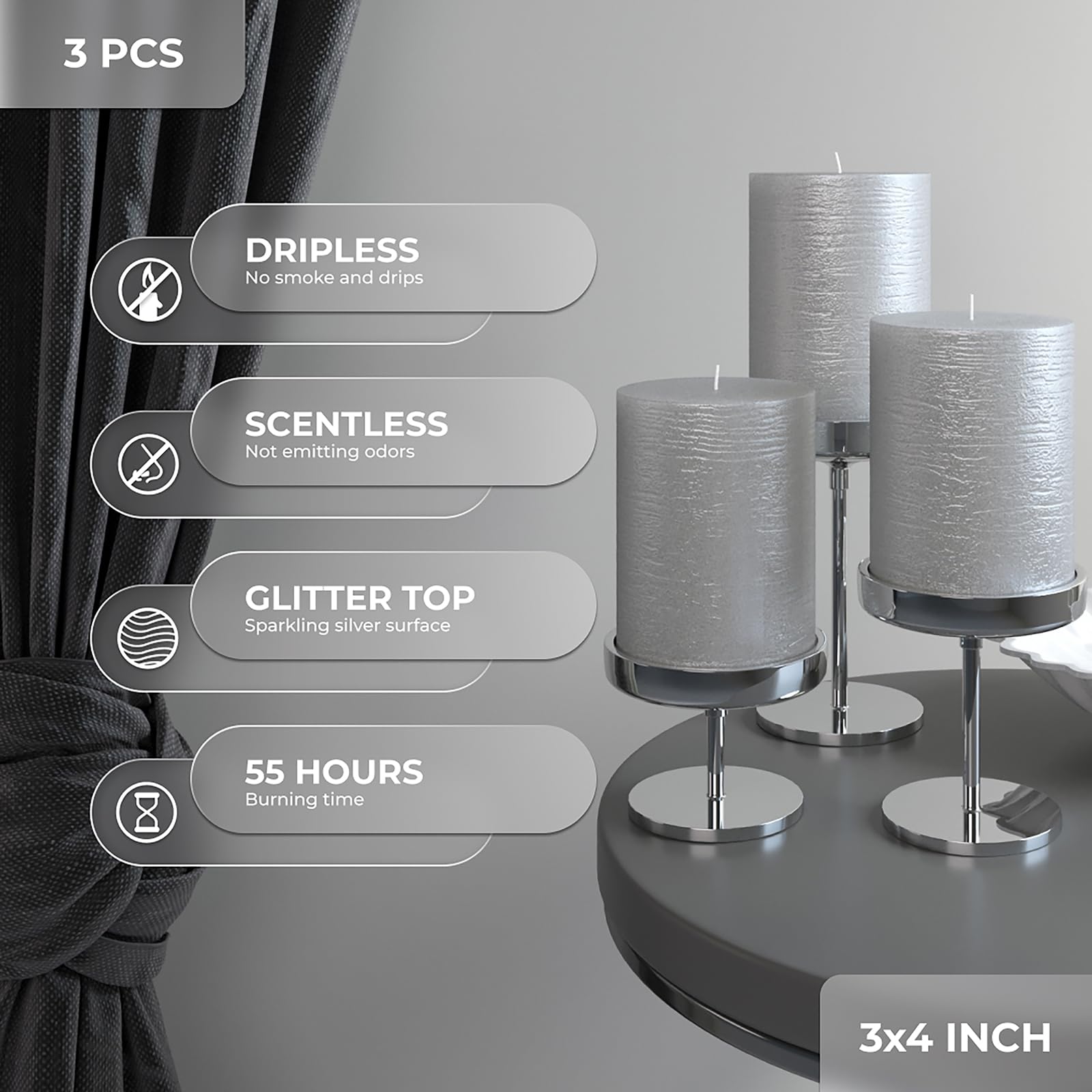 Premium CANDWAX 3x4 Inch Silver Pillar Candles Set of 3 - Unscented Non-Drip Decorative Candles for Weddings, Home Decor & Interior Design - Elegant Table Centerpiece for Dining Room, Living Room & Special Events