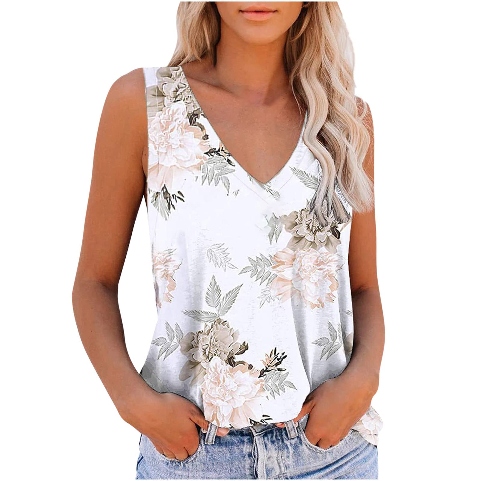 5665 Women's V Neck Tank Tops - Loose Fit Summer Casual Sleeveless T-Shirts | Ombre Tie Dye Comfortable Beachwear | Trendy Blouses in White for Outdoor Activities, Vacation & Daily Wear