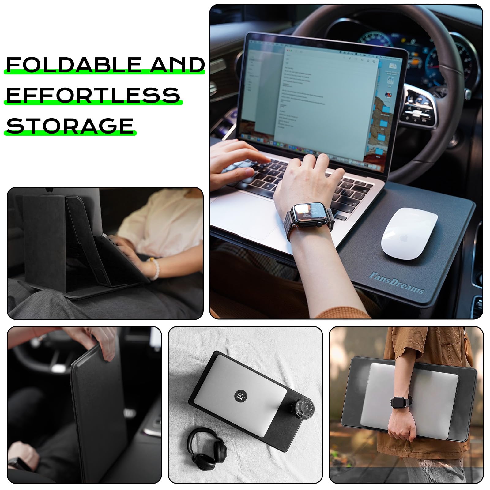 Foldable Laptop Desk for Bed & Travel - Portable Lightweight Standing Computer Table with Adjustable Height for Work, Study, Gaming & Office Use - Black Ergonomic Lap Desk by FansDreams (Standard Size)