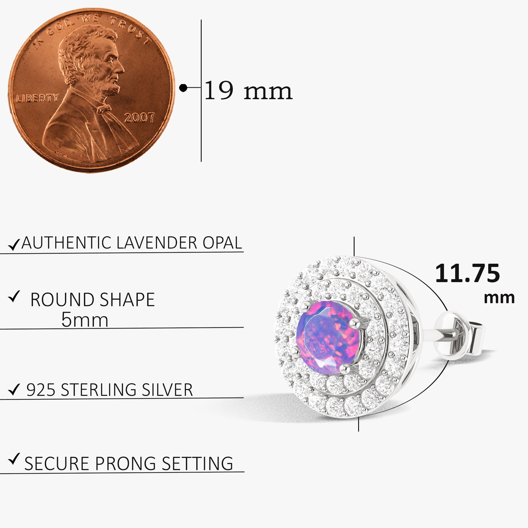 5MM Round Natural Lavender Opal Halo Stud Earrings with Push Back - Elegant Jewelry for Women, Perfect for Weddings, Parties & Daily Wear
