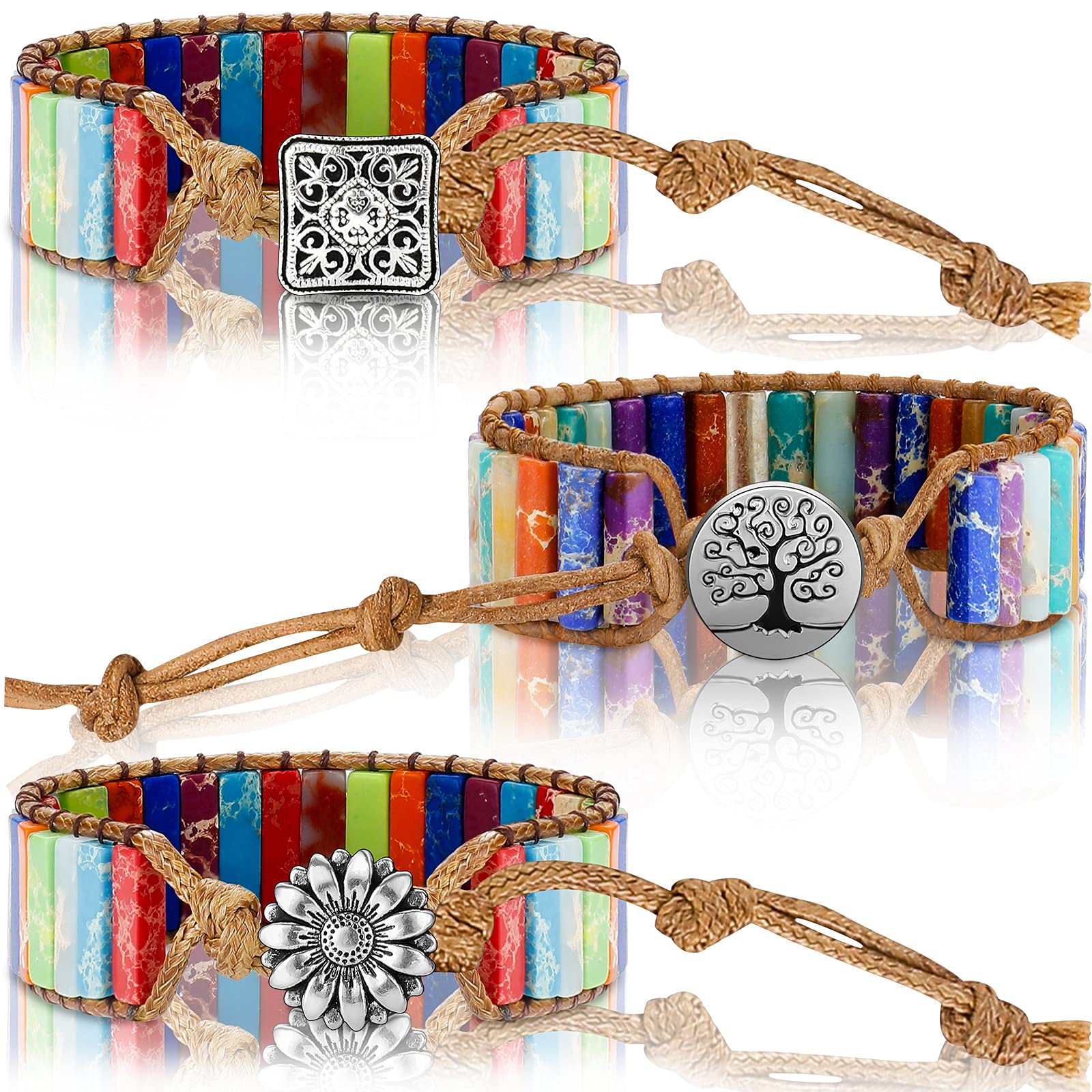 Hicarer 7 Chakra Bracelets Set for Women & Men - Natural Stone Healing Beads with Leather Wrap - Boho Friendship Jewelry Gifts for Yoga, Meditation & Spiritual Balance