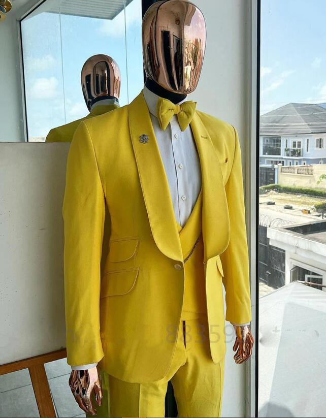 Elegant Slim Fit Yellow Shawl Lapel 3-Piece Men's Wedding Suit (Blazer + Vest + Pants) - Best Man Formal Tuxedo for Weddings, Prom & Special Occasions