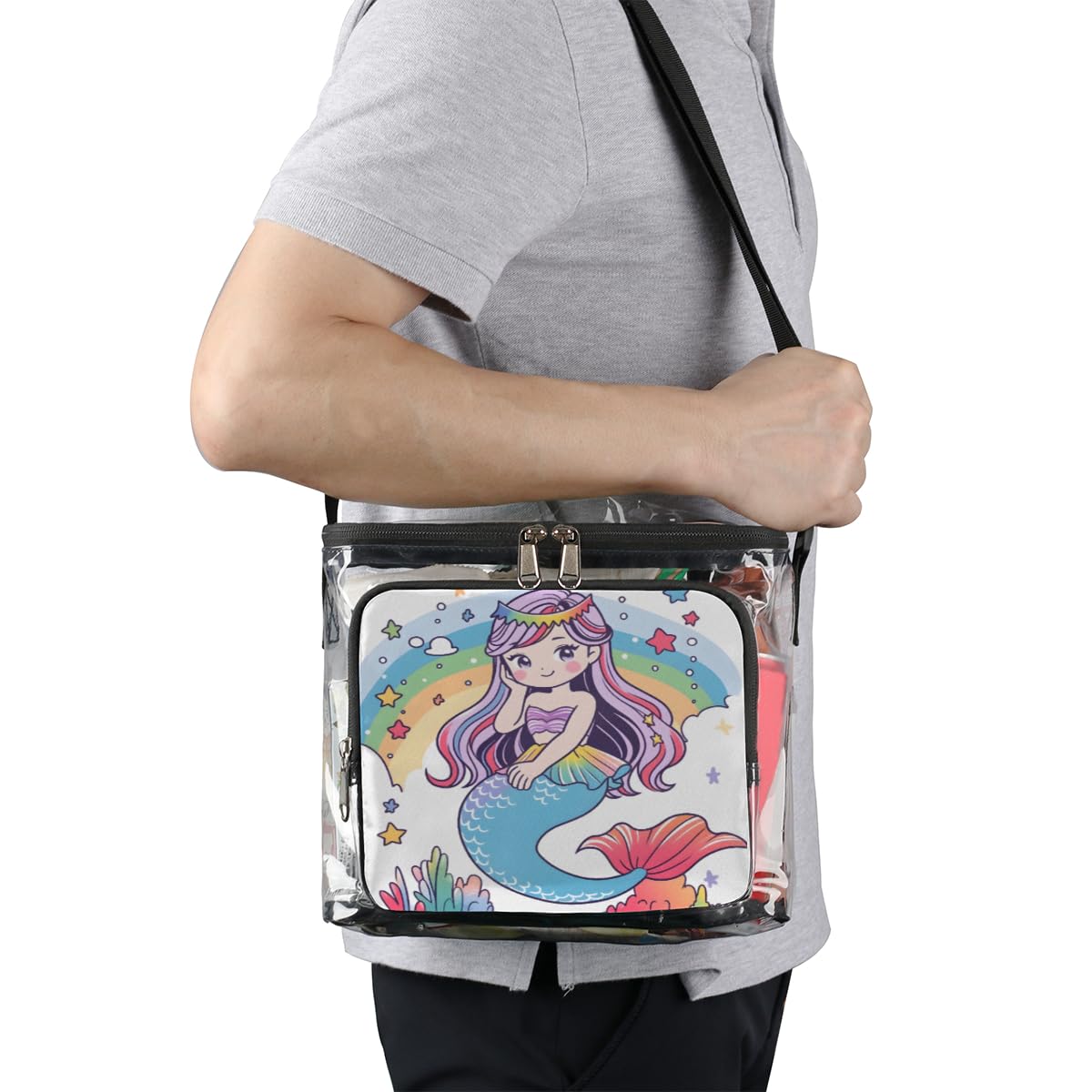 GzLeyigou Cute Mermaid Clear Tote Bag with Handles - Rainbow Underwater Themed Transparent Crossbody Shoulder Bag for Lunch, Beach, Travel, Picnic, Concerts & Sports Events - Stadium Approved Clear Purse for Women & Girls | Perfect for Outdoor Activities, Music Festivals & Theme Parks
