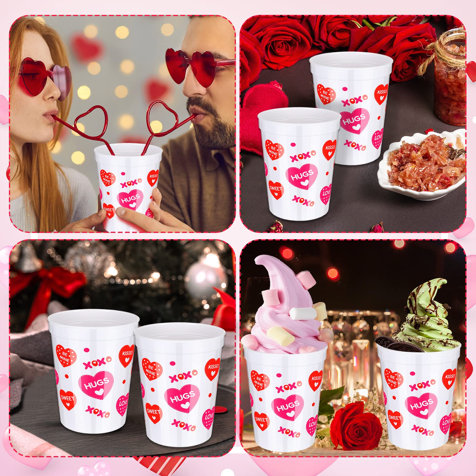 Meanplan 24-Pack 16oz Reusable Plastic Valentine's Day Cups - Pink & Red Heart Print Love Theme Cups for Holiday Parties, Weddings, Anniversaries & Romantic Date Nights