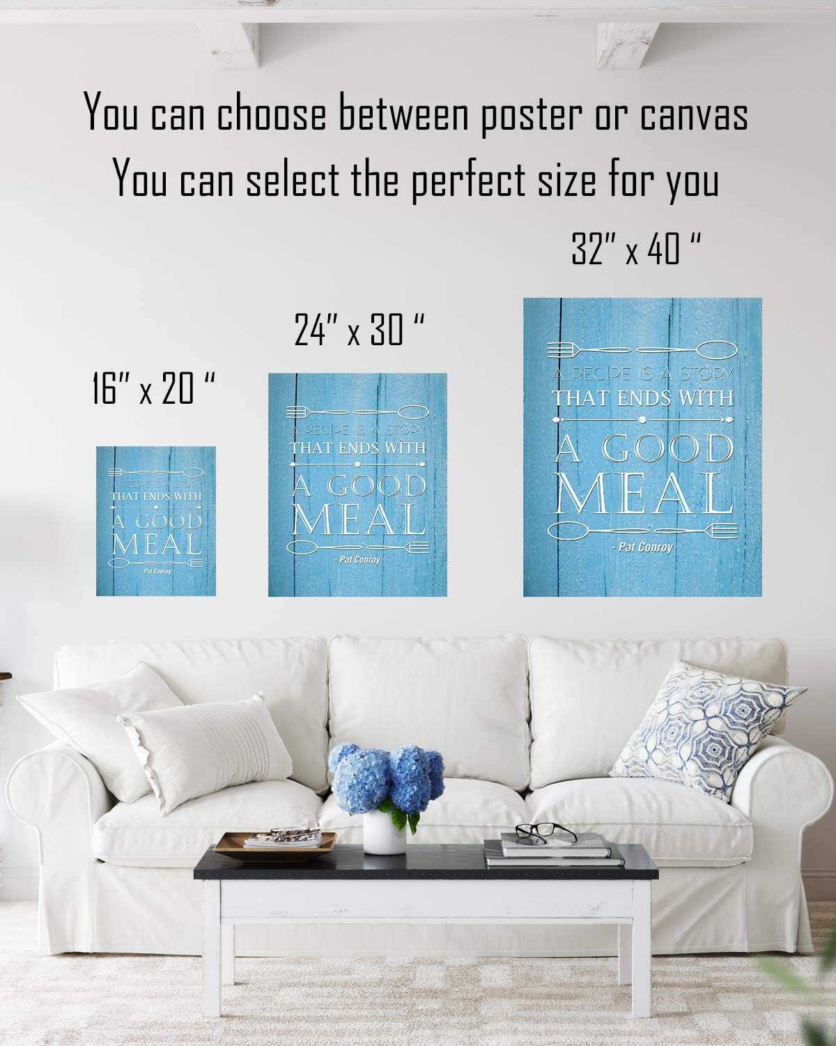 Pat Conroy Quote Wall Art Print - 'A Recipe Is A Story That Ends With A Good Meal' - 16x20 Unframed Canvas Artwork with Blue Background - Perfect for Kitchen, Dining Room & Home Decor
