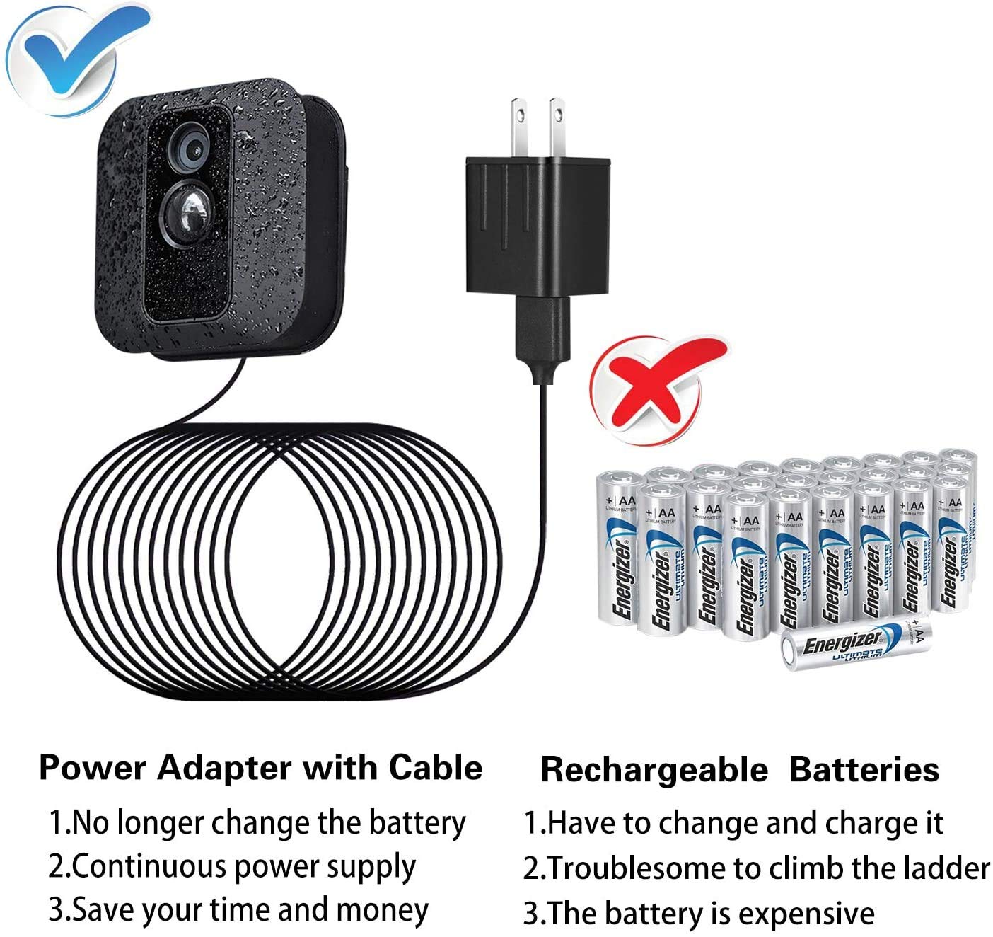 Weatherproof 25ft Power Adapter for Blink XT/XT2 & Outdoor (3rd Gen) Cameras - Continuous Charging, No Battery Replacement - Black - Perfect for Home Security & Outdoor Surveillance