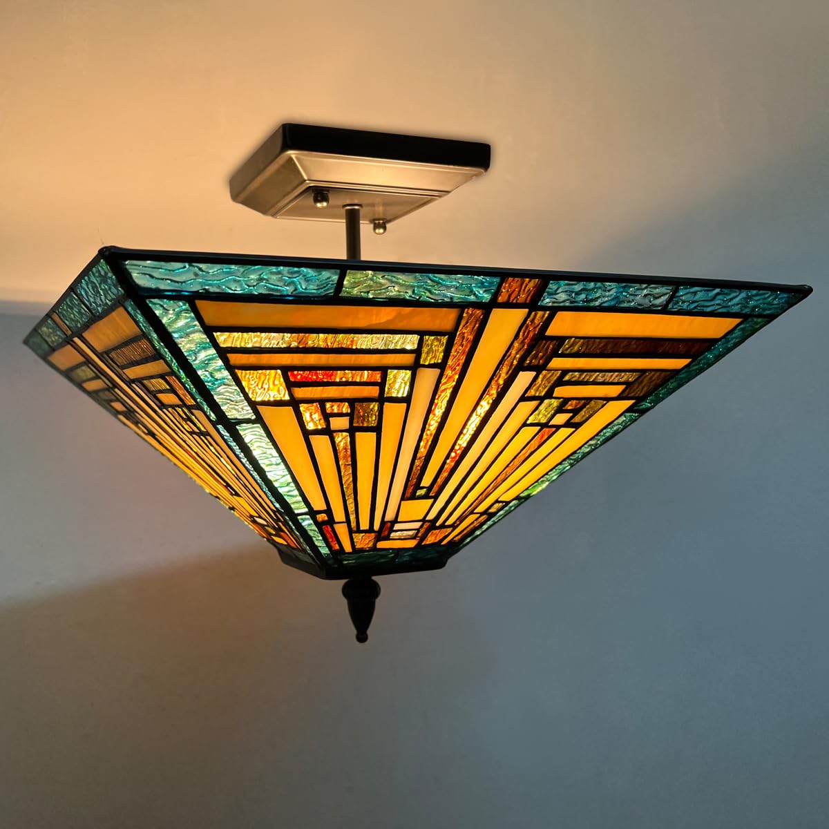 Tiffany Style Stained Glass Ceiling Light Fixture - 14 Inch Wide 2-Light Mission Semi-Flush Mount Lamp for Kitchen, Hallway, Bedroom & Entryway - Vintage Home Decor Lighting for Dining Room, Living Room & Foyer