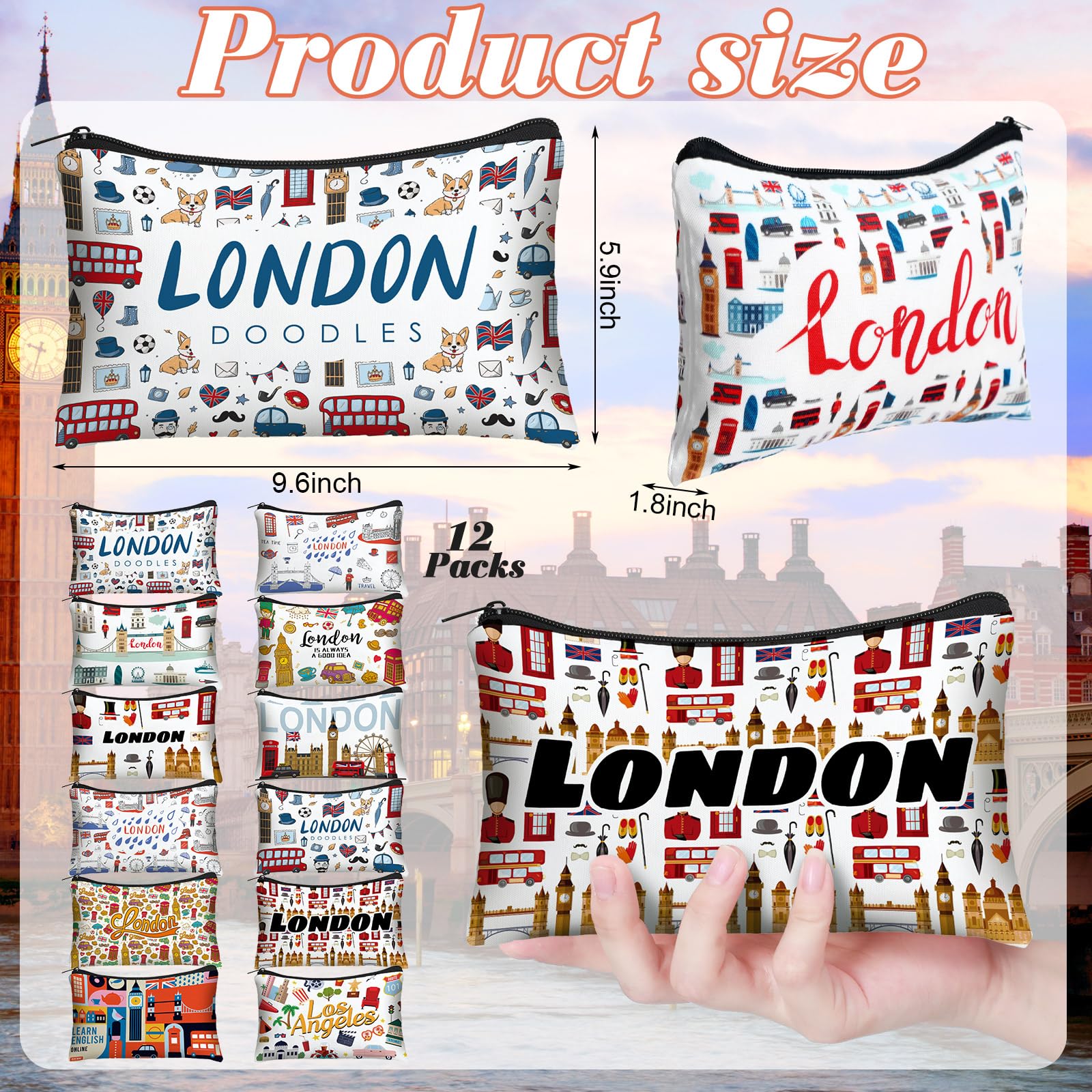 Reginary 12 Pack Cosmetic Bags for Travel - Waterproof Makeup Organizer Set, Toiletry Storage Pouches for Women, Perfect Gift for Friends & Family (London Theme) - Ideal for Vacation, Business Trips & Daily Beauty Organization