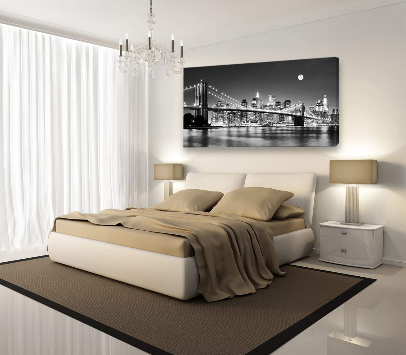 Baisuart-Q30375 Brooklyn Bridge Night View Canvas Print - Black & White New York City Landscape Wall Art for Home & Office Decor | Moonlit Cityscape Painting for Living Room, Bedroom, or Workspace